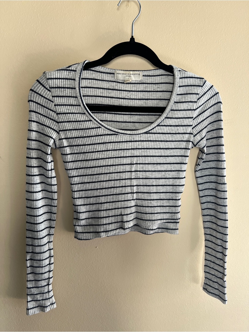 Urban Outfitters White and Black Striped Ribbed Long-Sleeve Crop Top